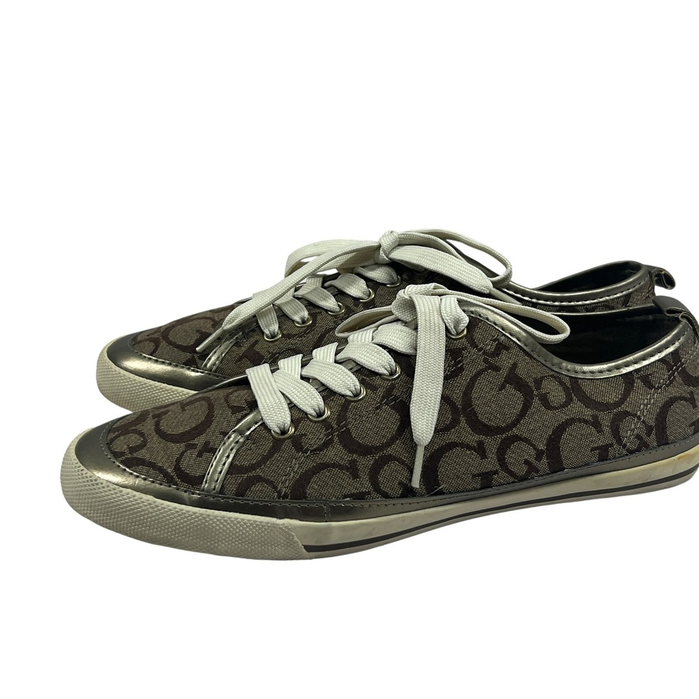Vtg Guess Womens G-Logo Monogram Brown Canvas Metallic Lace Up Sneakers Size 8.5